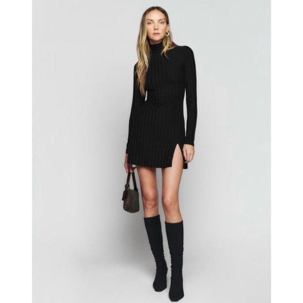 Reformation Black Ribbed Turtleneck Mini Dress